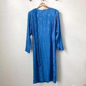 Vtg 80s slinky blue belted midi dress brocade print‎ sz 14 secretary